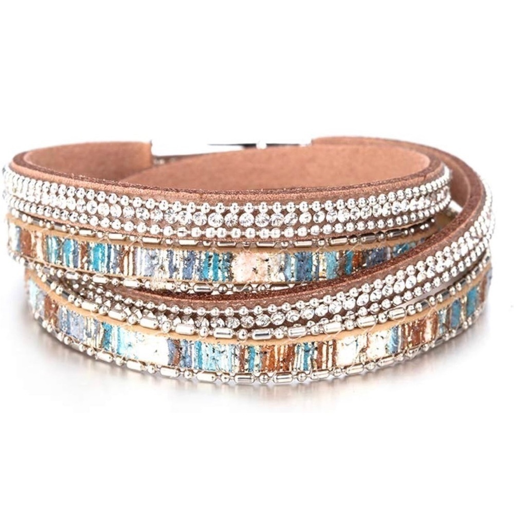 New Leather Wrap Women’s Bracelet Boho Leopard Multi-Layer Crystal Beads Cuff